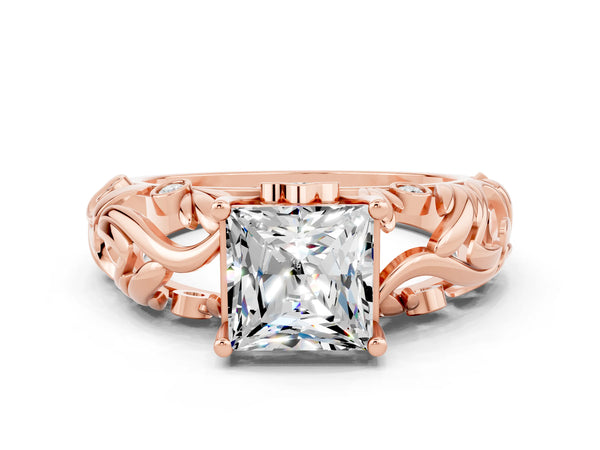 Rose gold Princess Cut Solitaire Moissanite Leaf-Inspired Vine Band Ring with Prong Setting