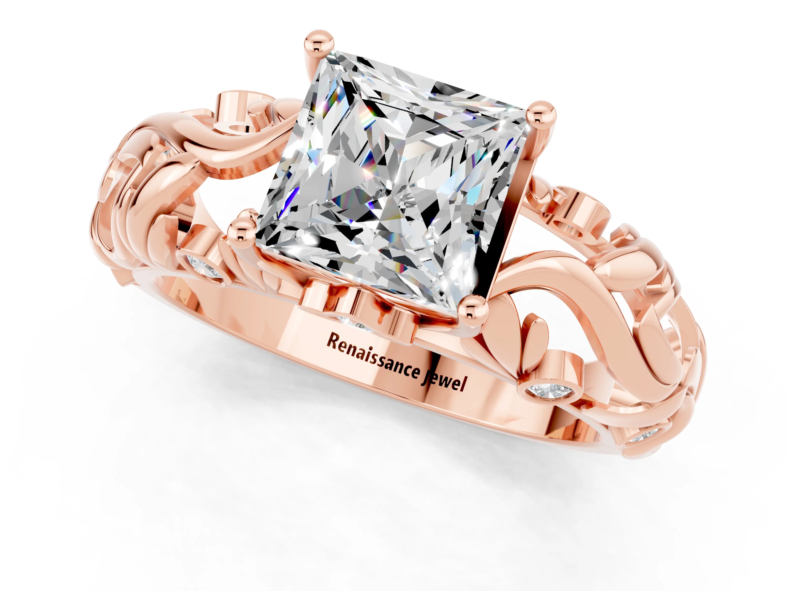 Rose gold Princess Cut Solitaire Moissanite Leaf-Inspired Vine Band Ring with Prong Setting_1