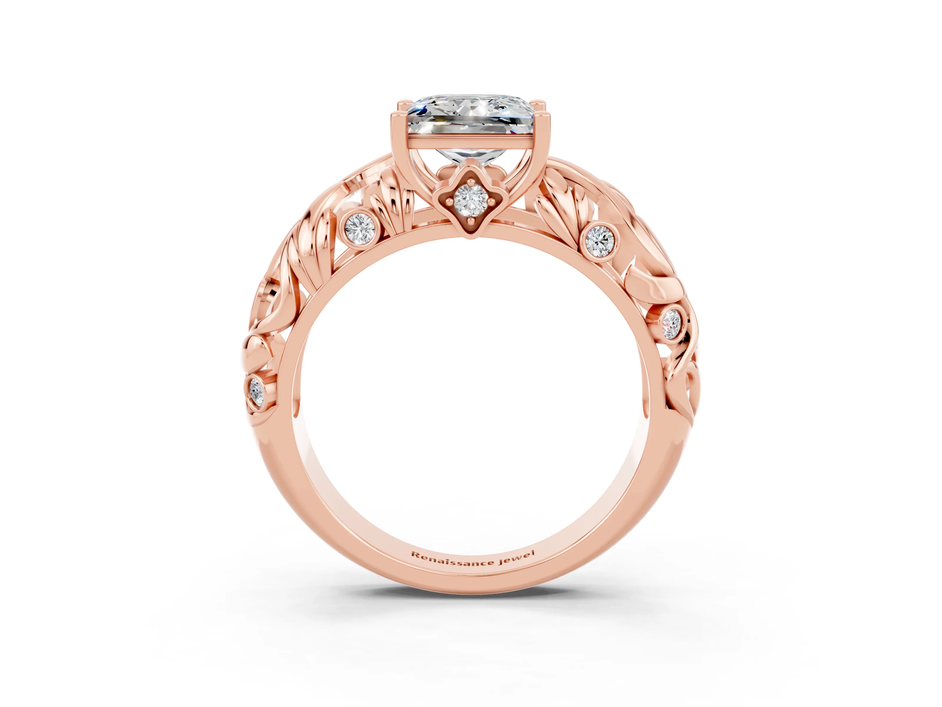 Rose gold Princess Cut Solitaire Moissanite Leaf-Inspired Vine Band Ring with Prong Setting_3