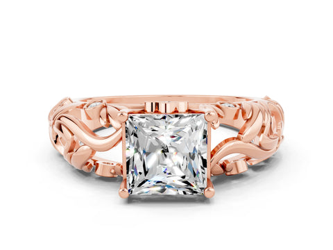 Rose gold Princess Cut Solitaire Moissanite Leaf-Inspired Vine Band Ring with Prong Setting
