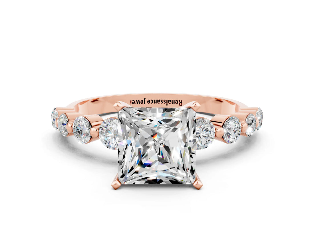 Rose gold Princess Cut Solitaire Moissanite Ring with Pave Band and Four-Prong Setting