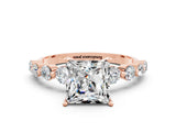 Rose gold Princess Cut Solitaire Moissanite Ring with Pave Band and Four-Prong Setting
