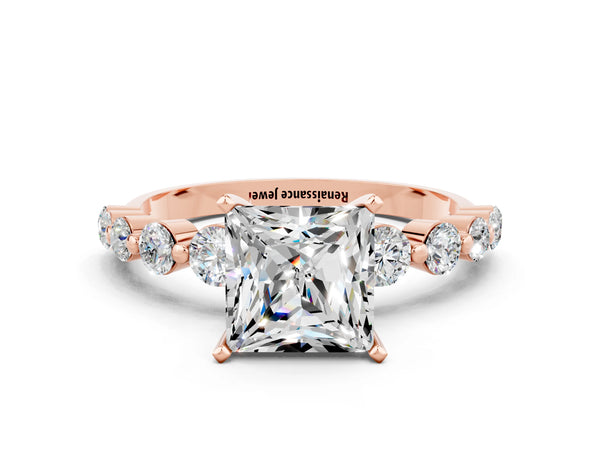 Rose gold Princess Cut Solitaire Moissanite Ring with Pave Band and Four-Prong Setting
