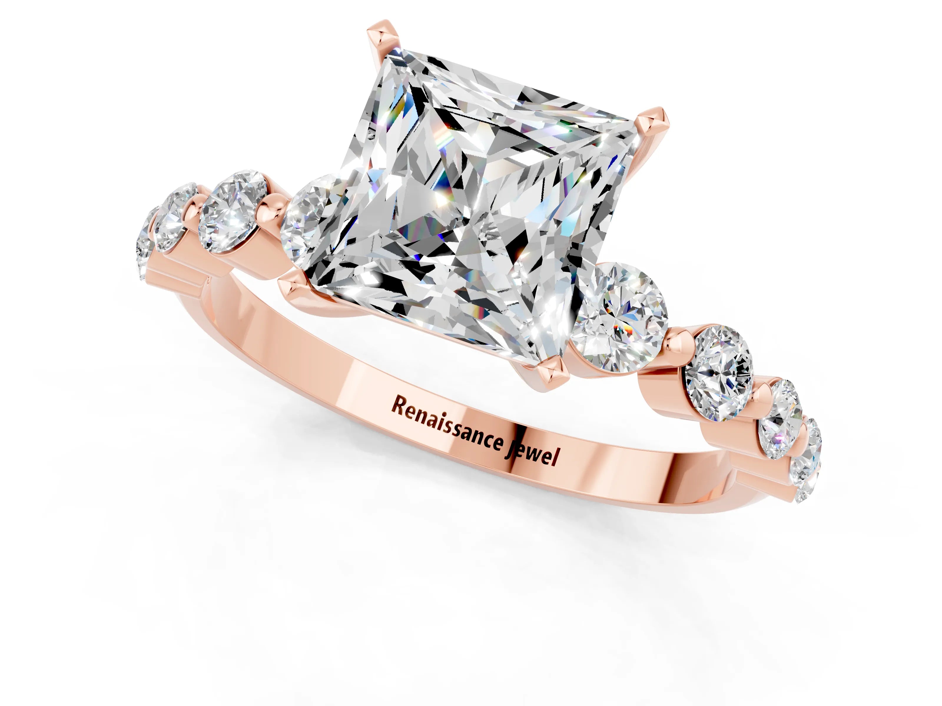 Rose gold Princess Cut Solitaire Moissanite Ring with Pave Band and Four-Prong Setting_1