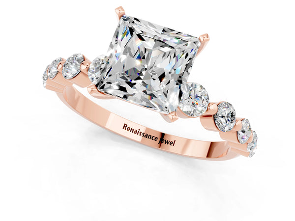 Rose gold Princess Cut Solitaire Moissanite Ring with Pave Band and Four-Prong Setting