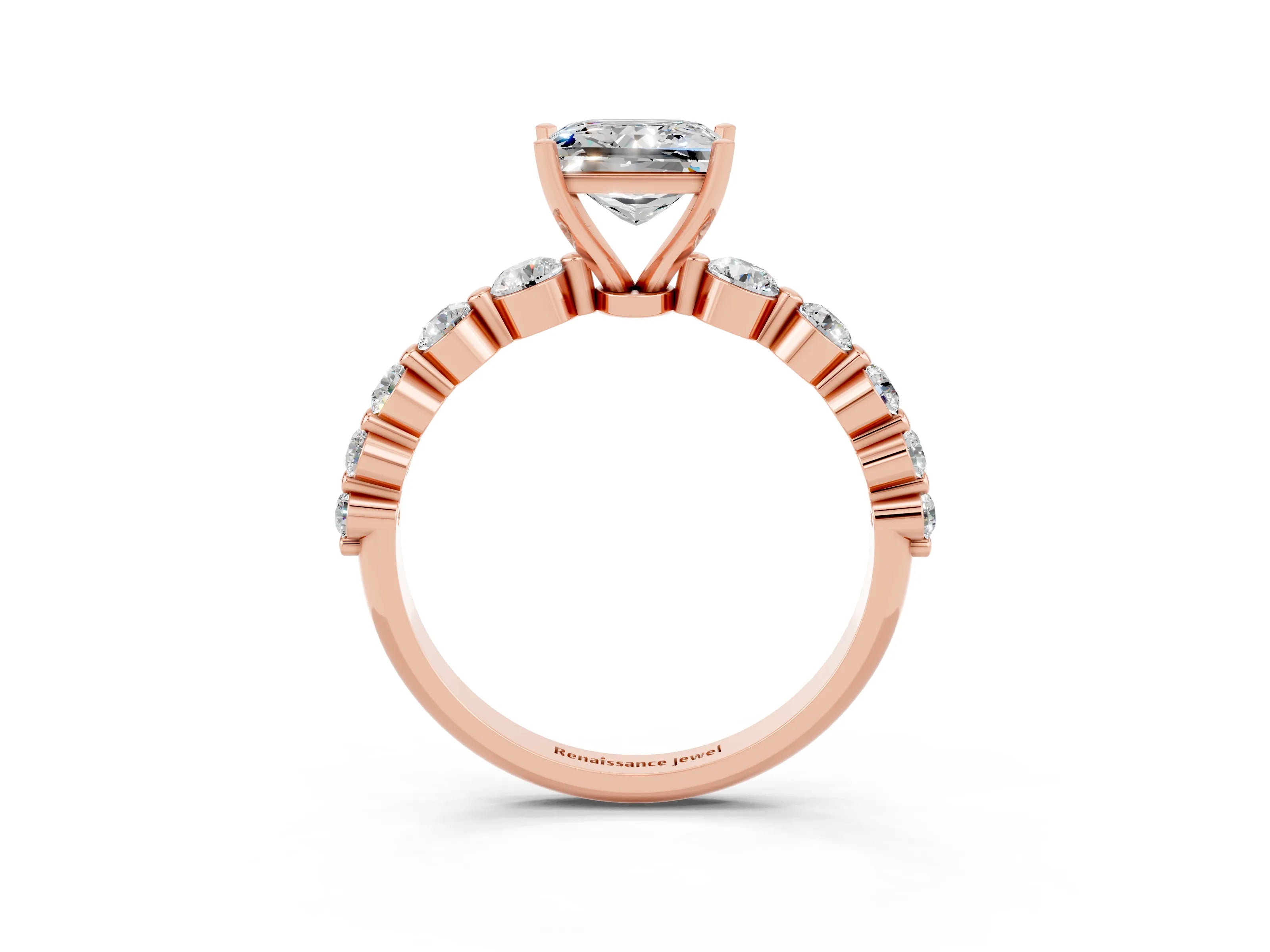 Rose gold Princess Cut Solitaire Moissanite Ring with Pave Band and Four-Prong Setting_3