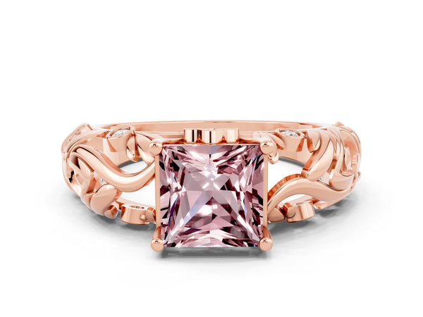 Rose gold Princess Cut Solitaire Morganite Leaf-Inspired Vine Band Ring with Prong Setting