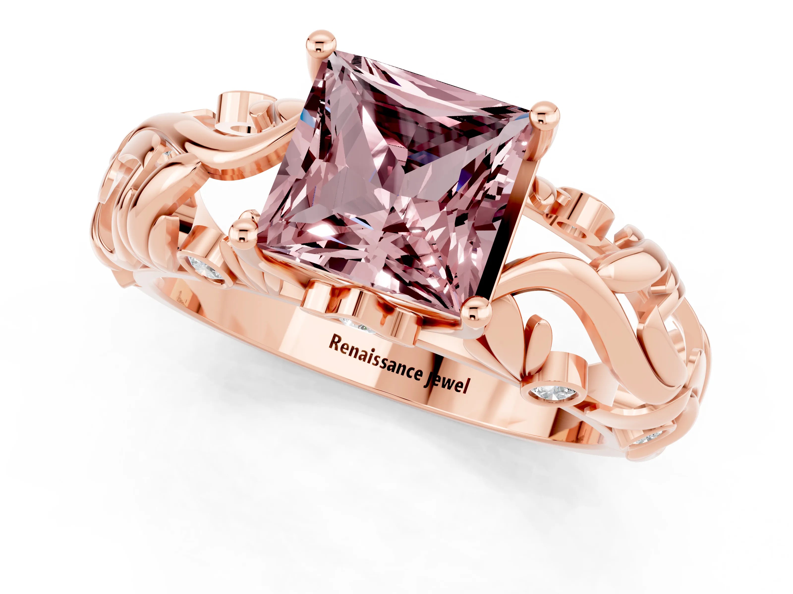 Rose gold Princess Cut Solitaire Morganite Leaf-Inspired Vine Band Ring with Prong Setting_1