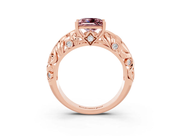 Rose gold Princess Cut Solitaire Morganite Leaf-Inspired Vine Band Ring with Prong Setting