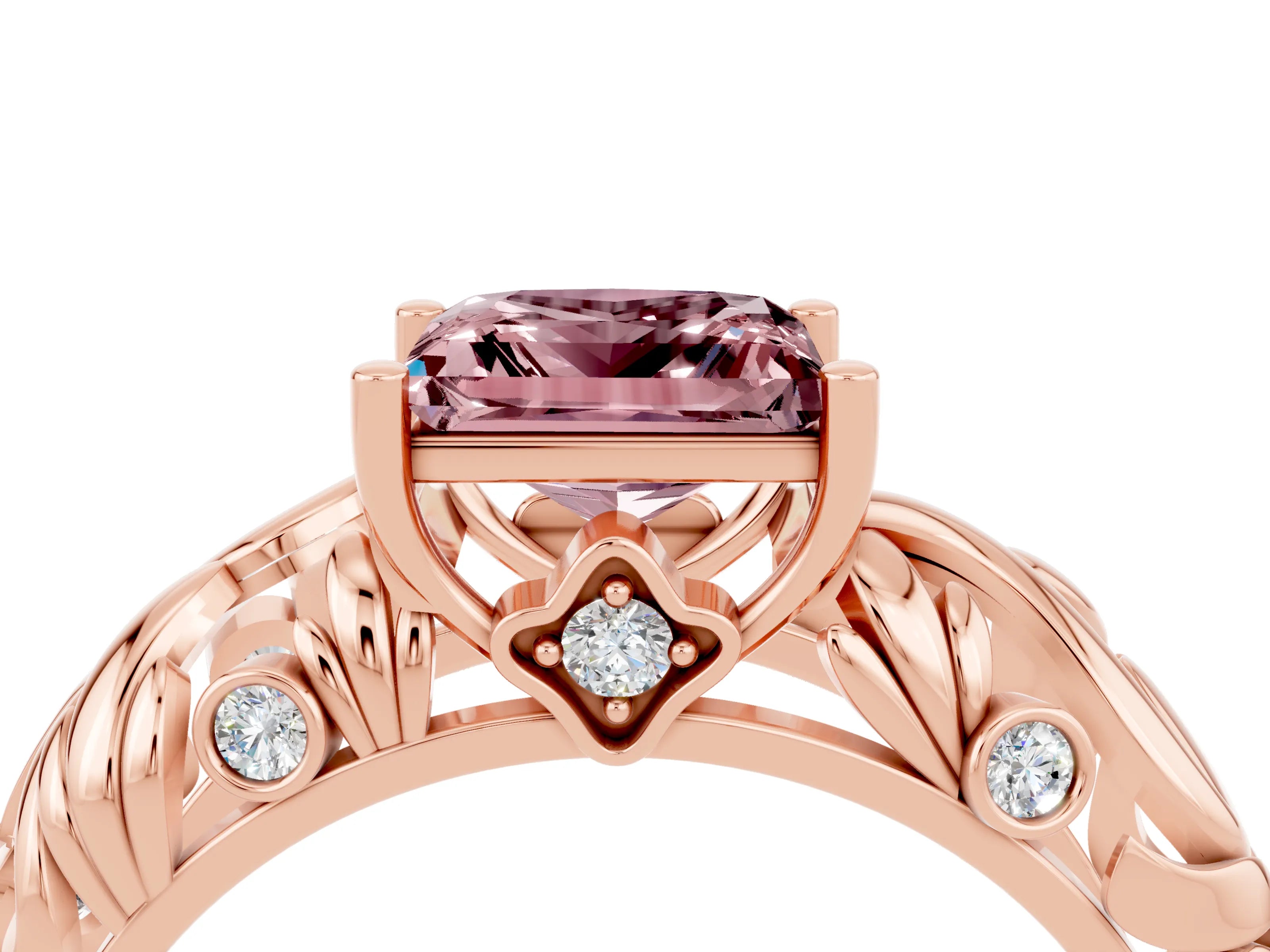 Rose gold Princess Cut Solitaire Morganite Leaf-Inspired Vine Band Ring with Prong Setting_4