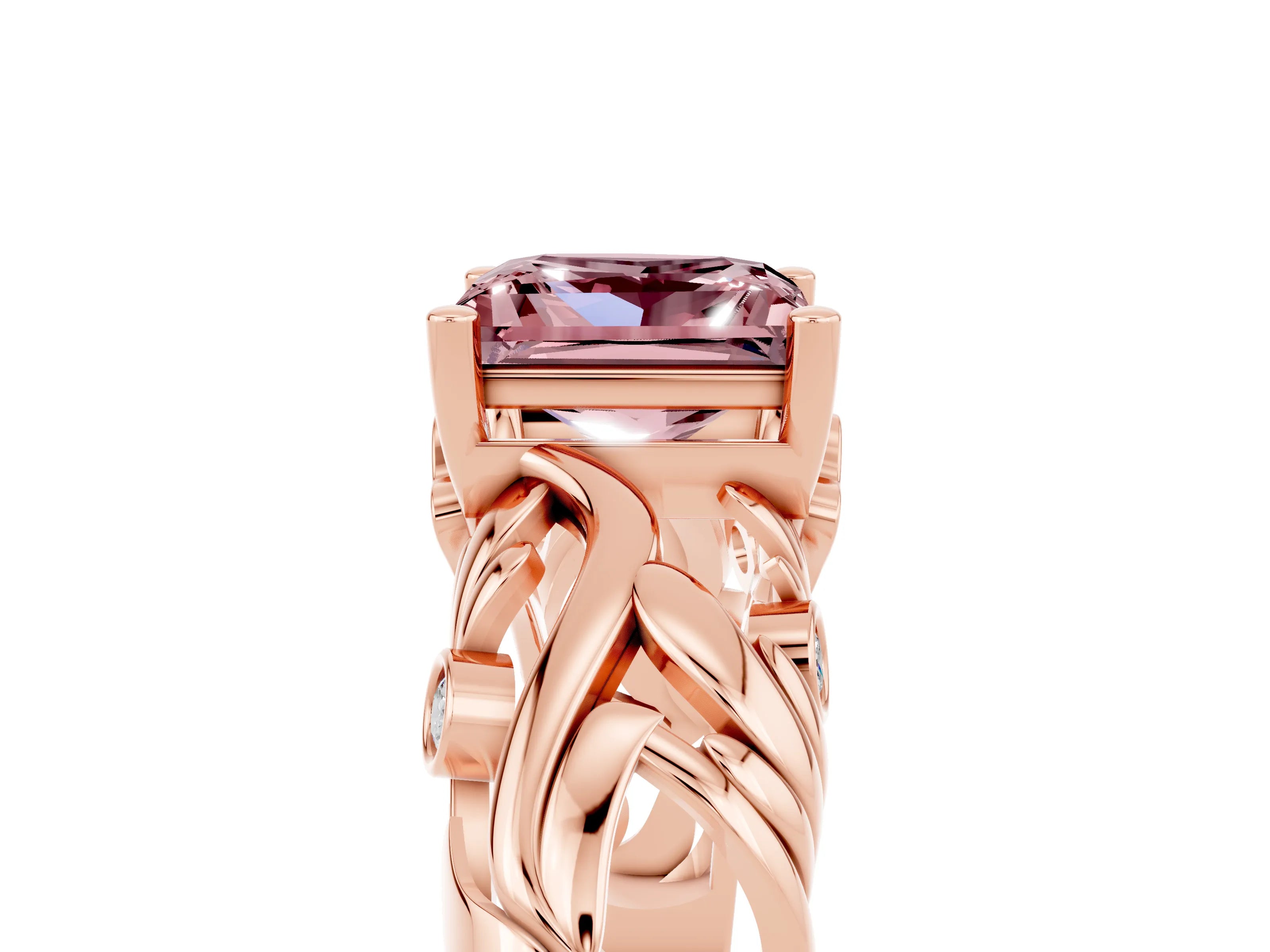 Rose gold Princess Cut Solitaire Morganite Leaf-Inspired Vine Band Ring with Prong Setting_5