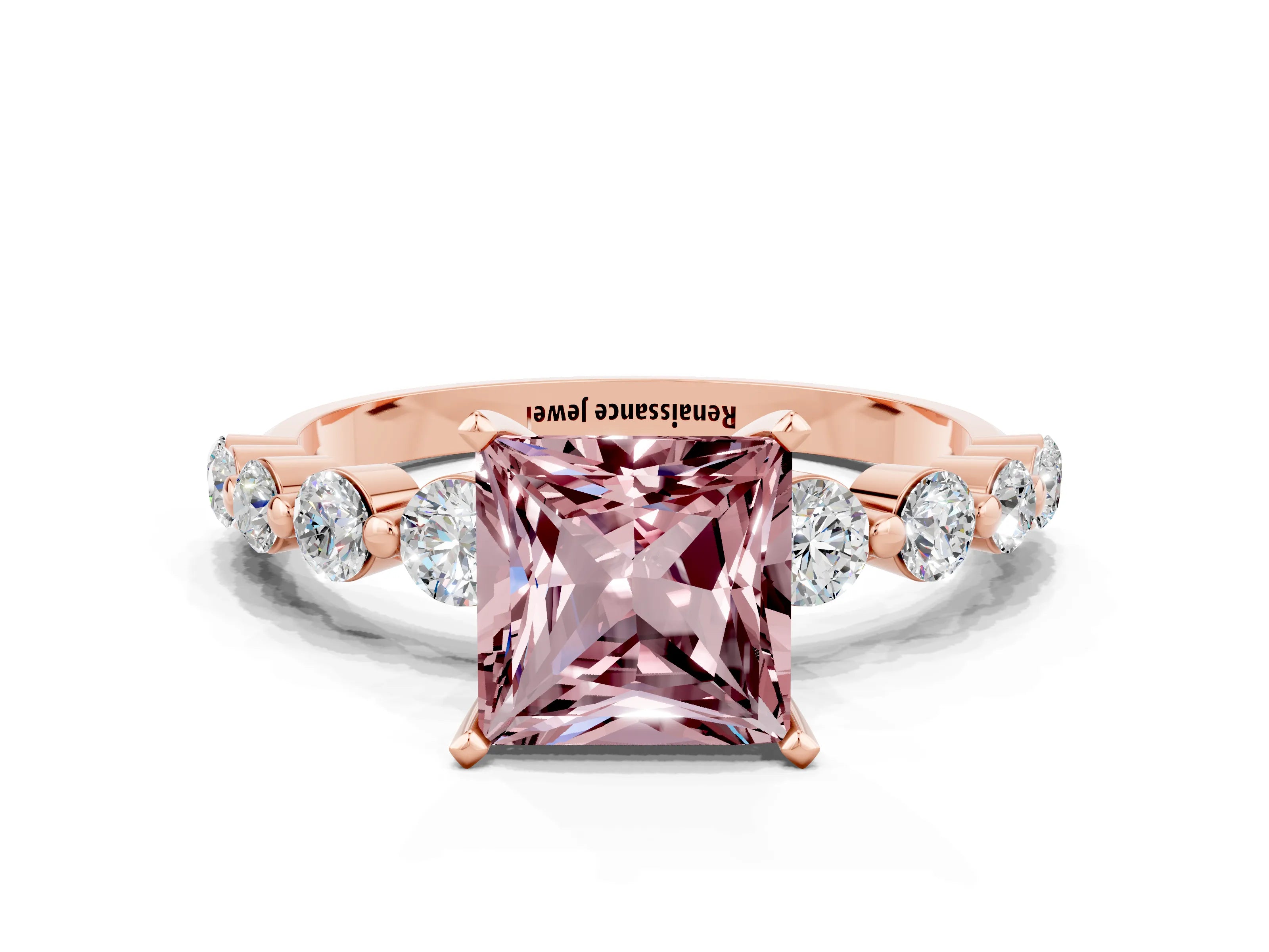 Rose gold Princess Cut Solitaire Morganite Ring with Pave Band and Four-Prong Setting