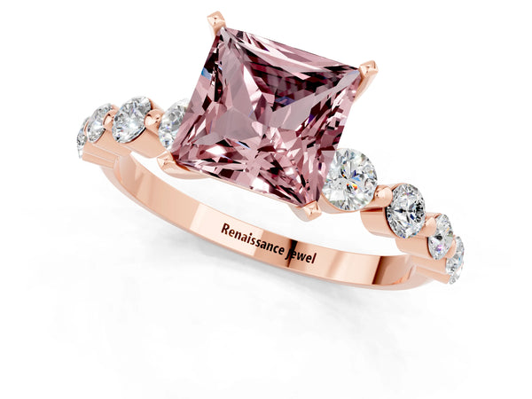 Rose gold Princess Cut Solitaire Morganite Ring with Pave Band and Four-Prong Setting