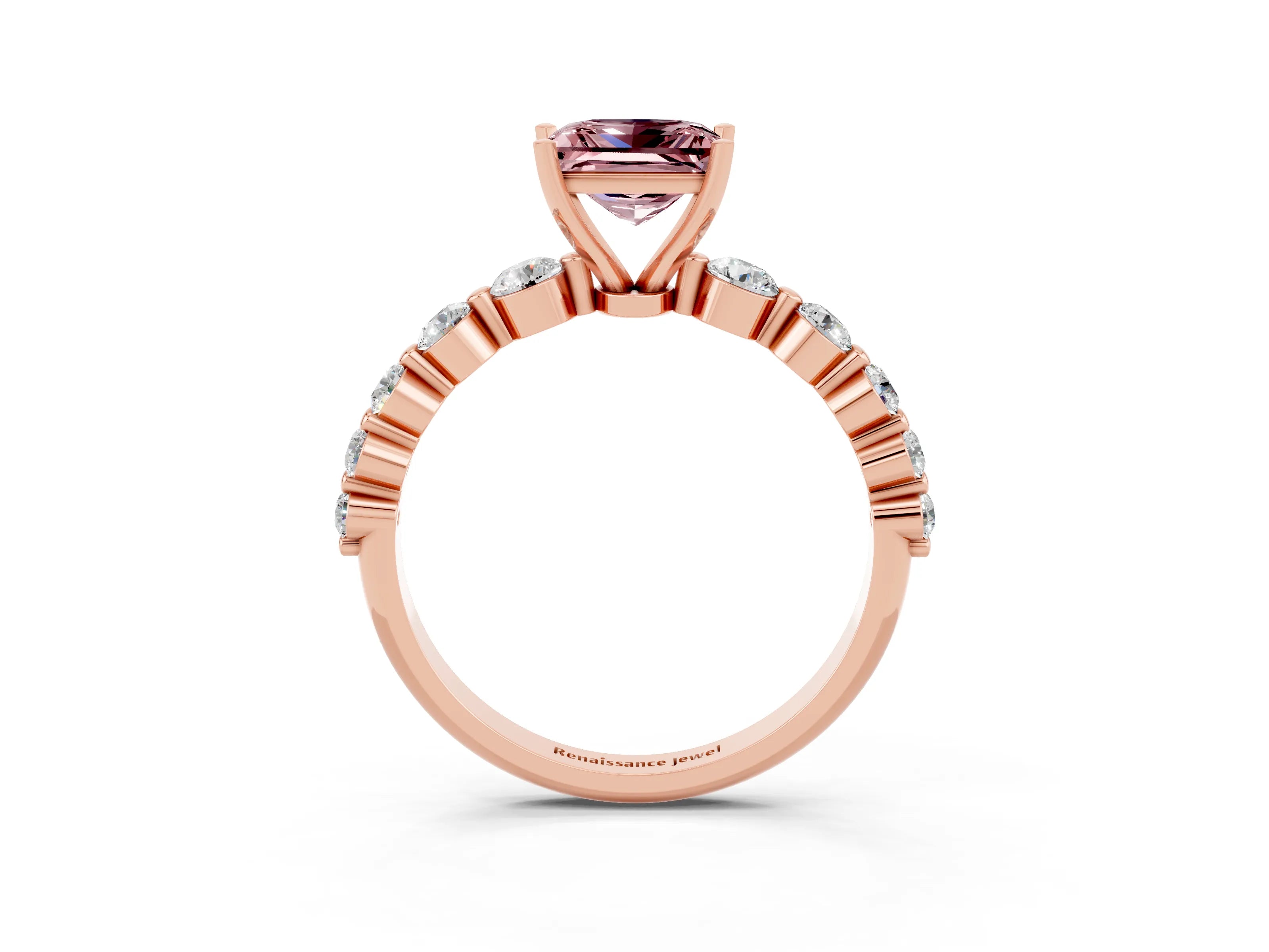 Rose gold Princess Cut Solitaire Morganite Ring with Pave Band and Four-Prong Setting_3
