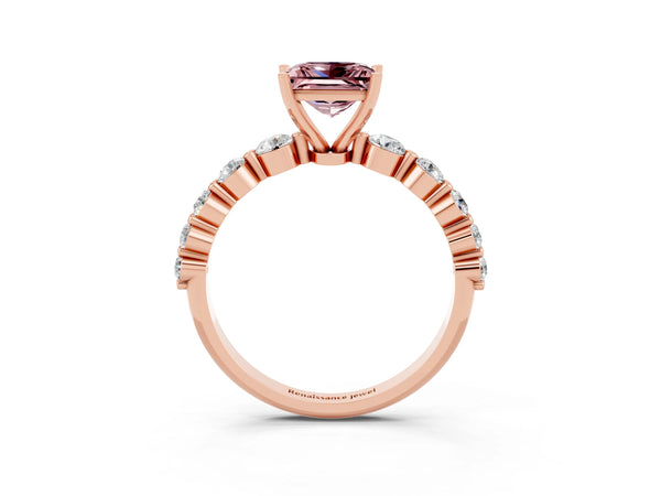 Rose gold Princess Cut Solitaire Morganite Ring with Pave Band and Four-Prong Setting
