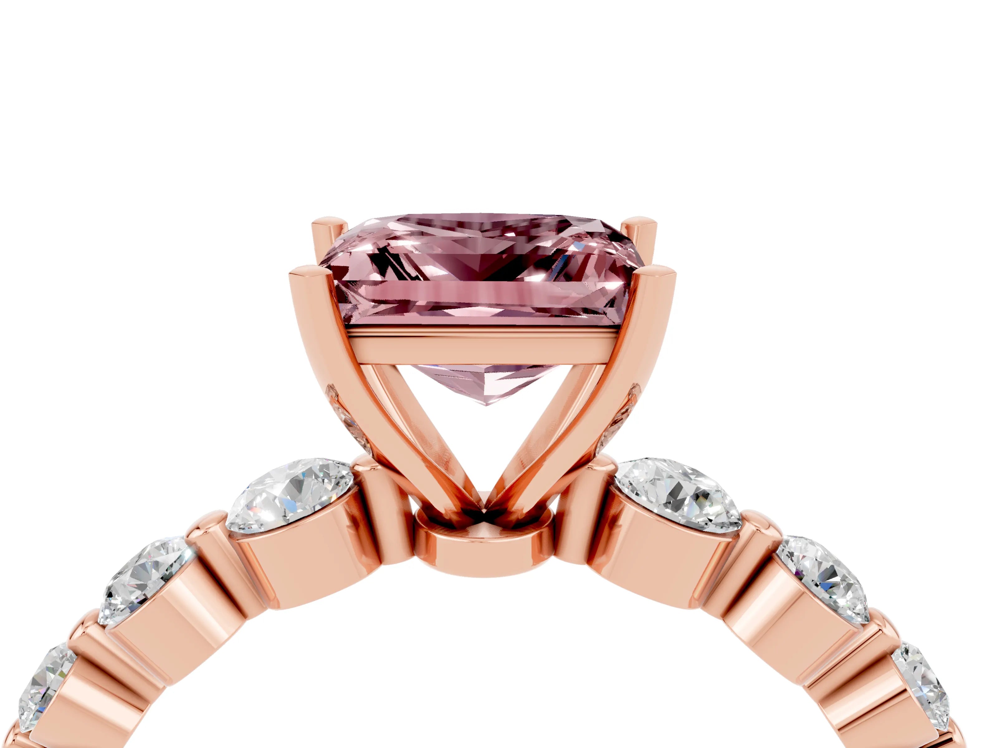 Rose gold Princess Cut Solitaire Morganite Ring with Pave Band and Four-Prong Setting_4