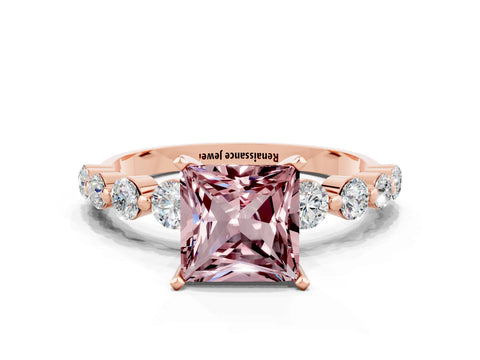 Rose gold Princess Cut Solitaire Morganite Ring with Pave Band and Four-Prong Setting