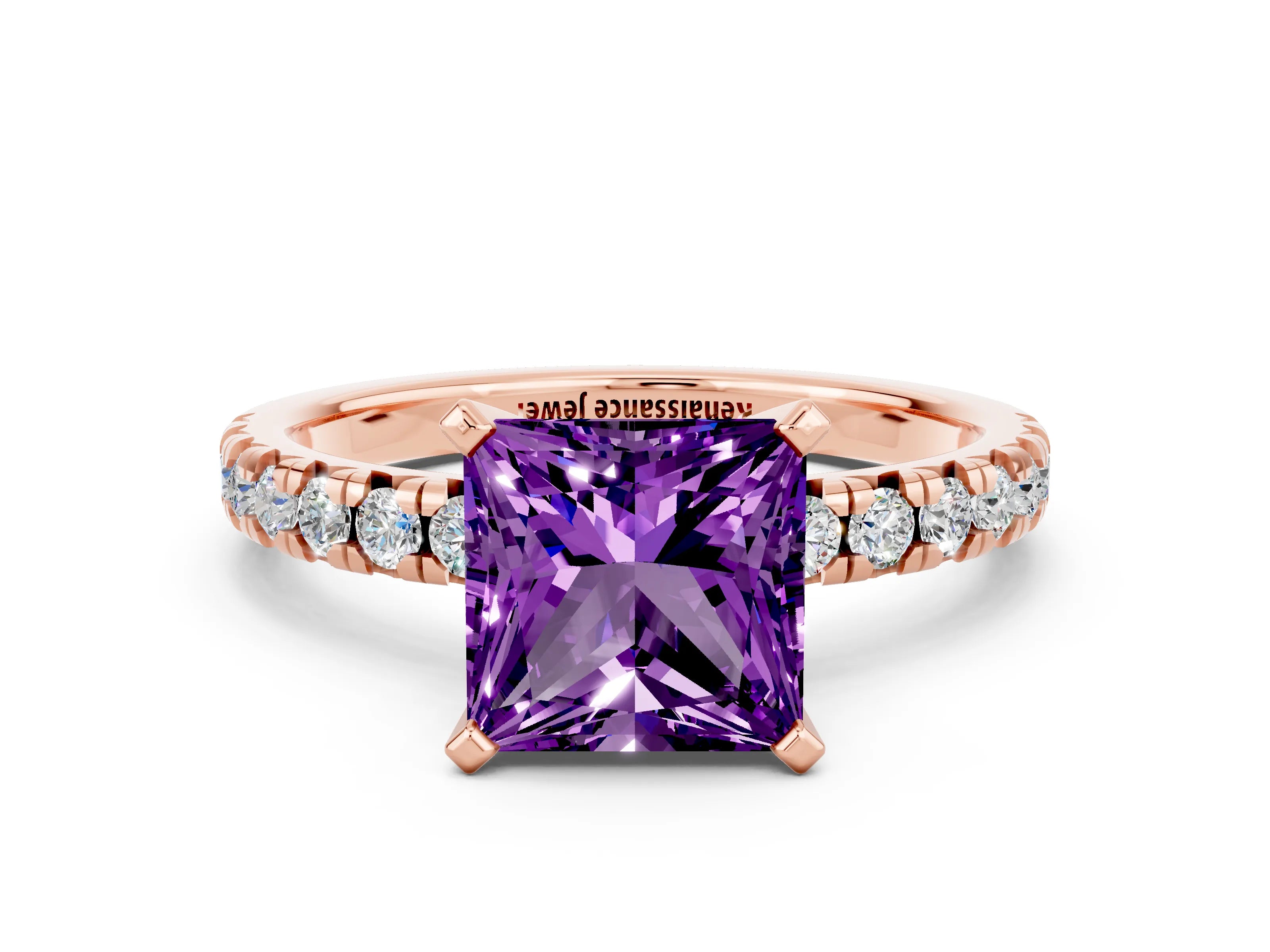 Rose gold Princess Cut Solitaire Pave Diamond Engagement Ring with Four-Prong Setting