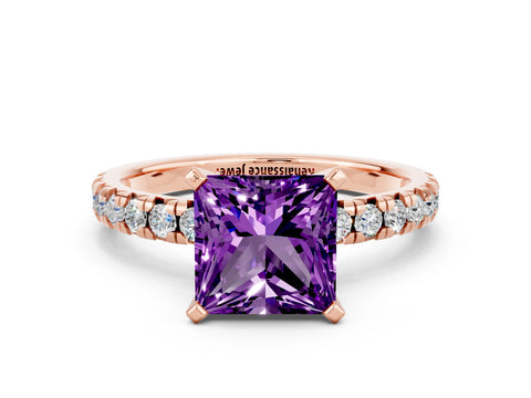 Rose gold Princess Cut Solitaire Pave Diamond Engagement Ring with Four-Prong Setting