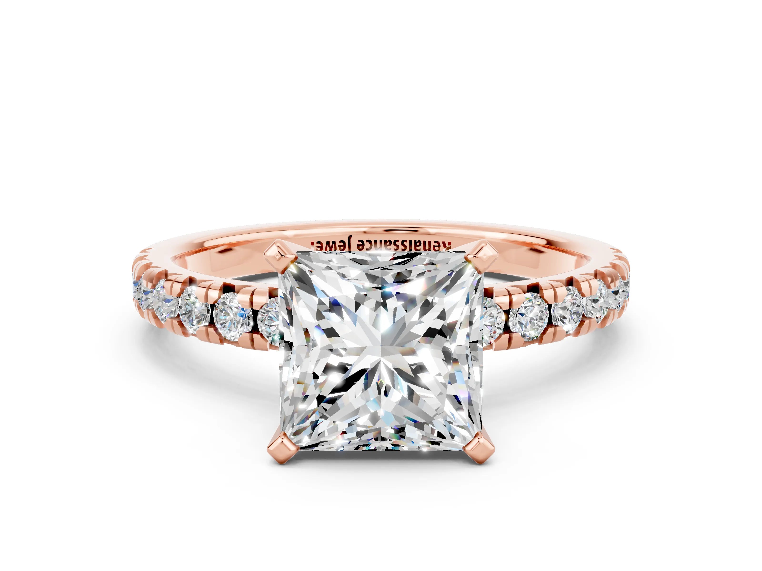 Rose gold Princess Cut Solitaire Pave Diamond Engagement Ring with Four-Prong Setting