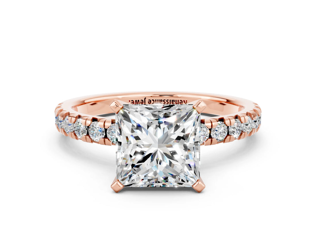Rose gold Princess Cut Solitaire Pave Diamond Engagement Ring with Four-Prong Setting