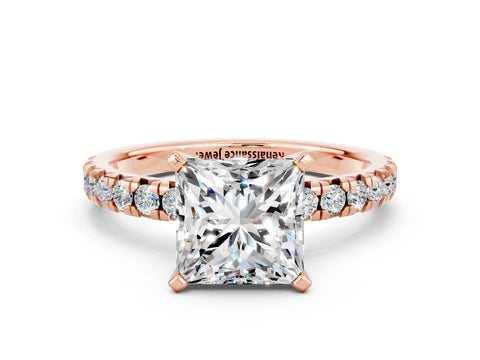Rose gold Princess Cut Solitaire Pave Diamond Engagement Ring with Four-Prong Setting