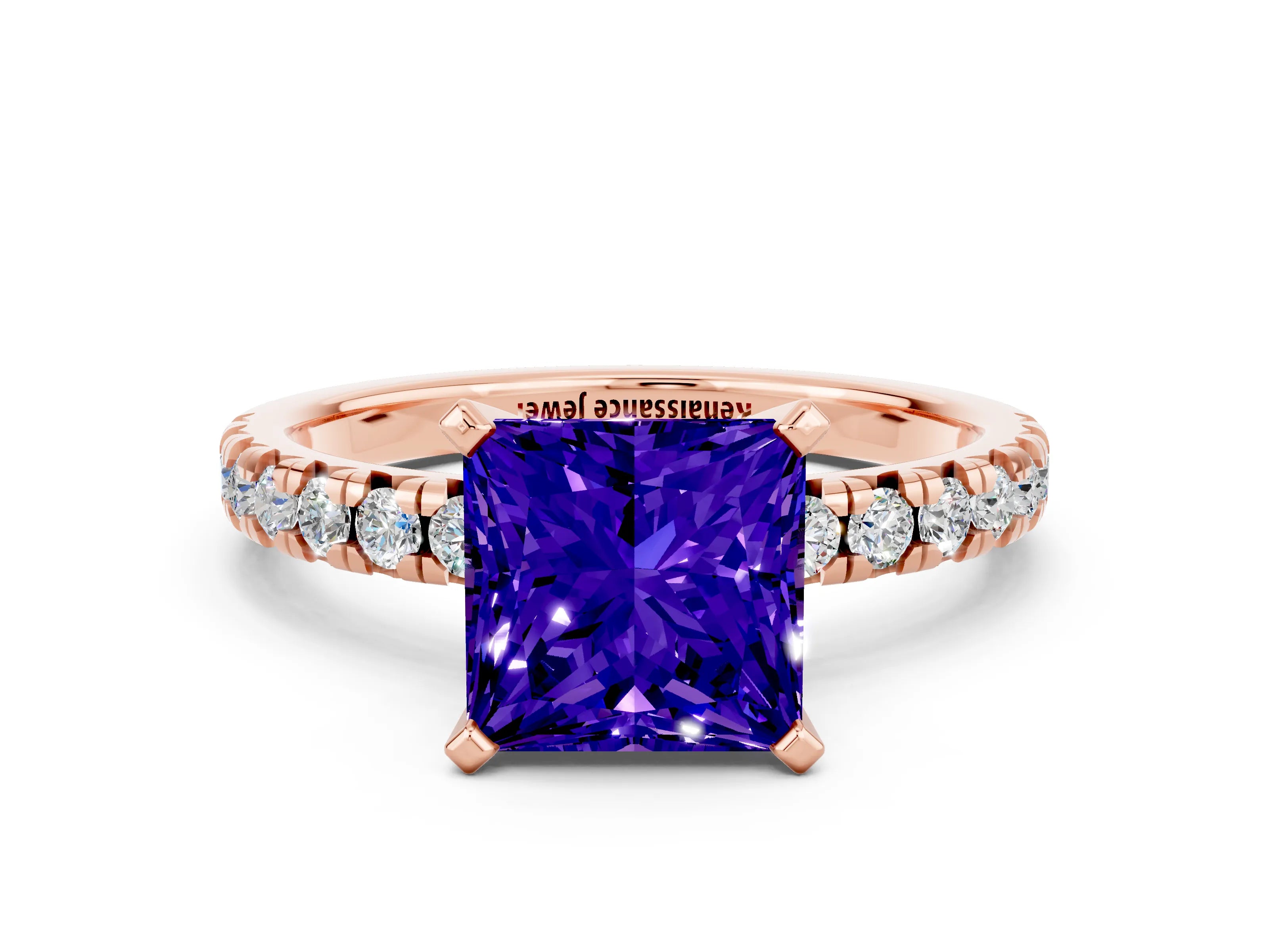 Rose gold Princess Cut Solitaire Pave Diamond Engagement Ring with Four-Prong Setting