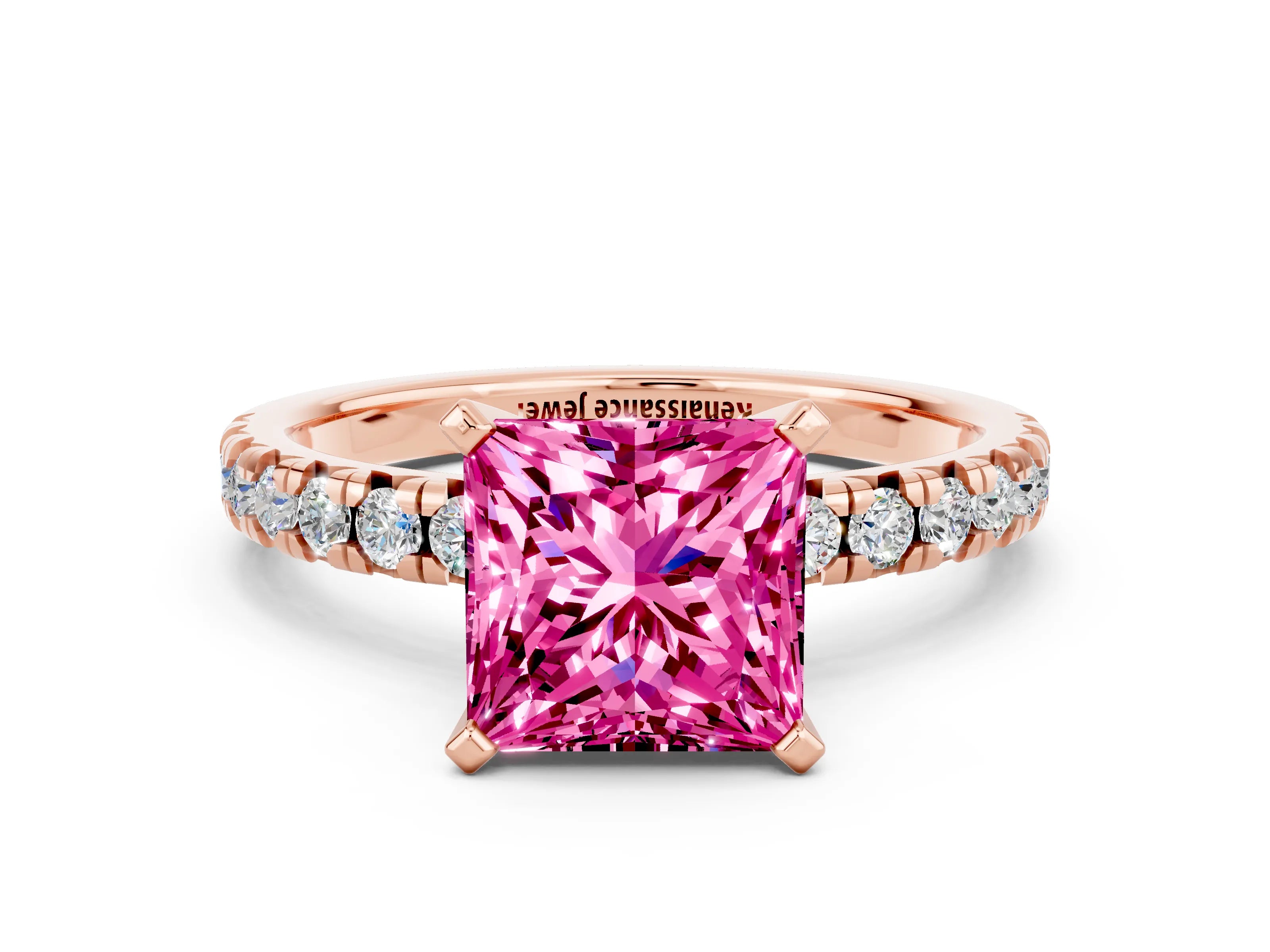 Rose gold Princess Cut Solitaire Pave Diamond Engagement Ring with Four-Prong Setting