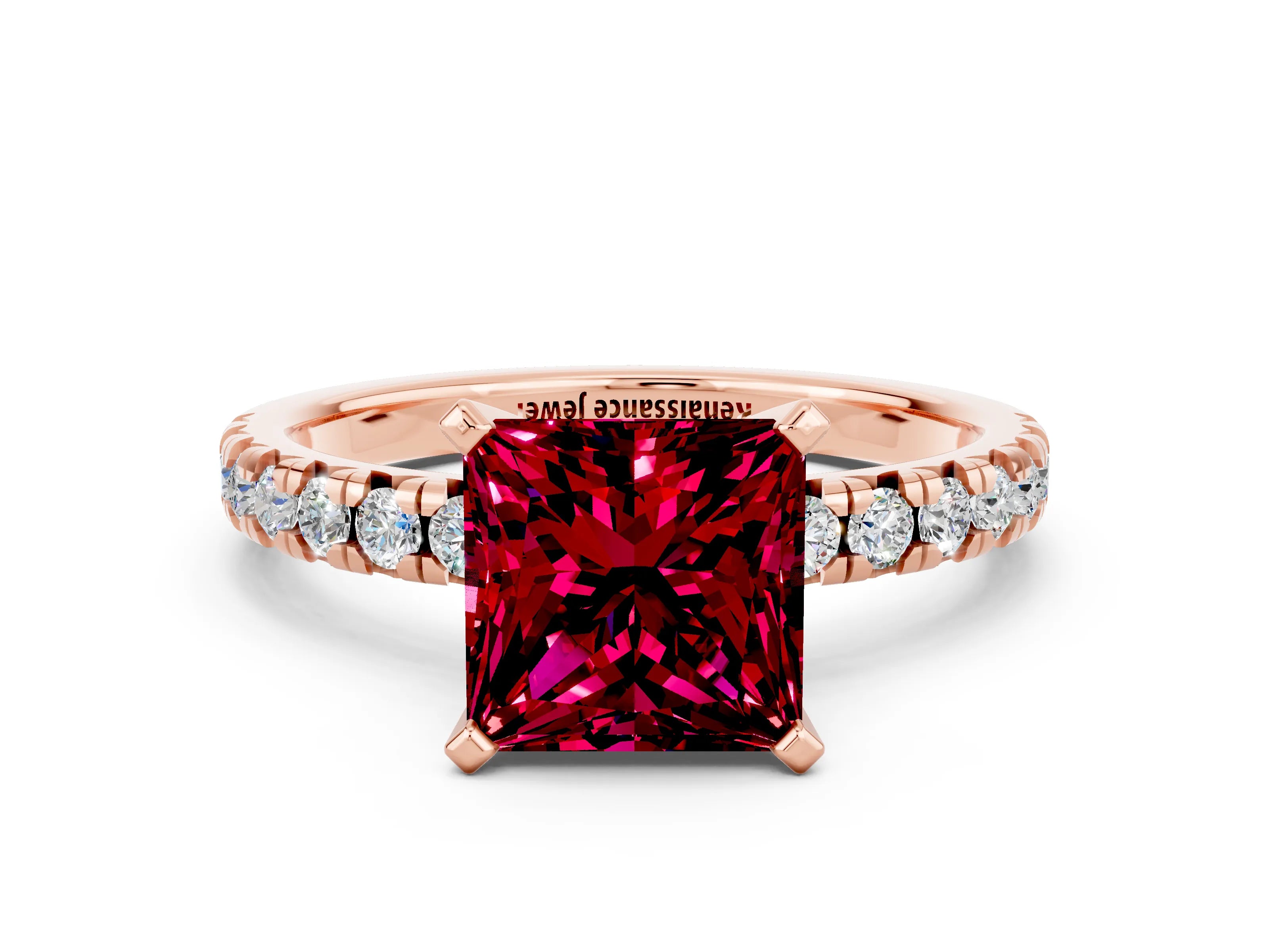 Rose gold Princess Cut Solitaire Pave Diamond Engagement Ring with Four-Prong Setting