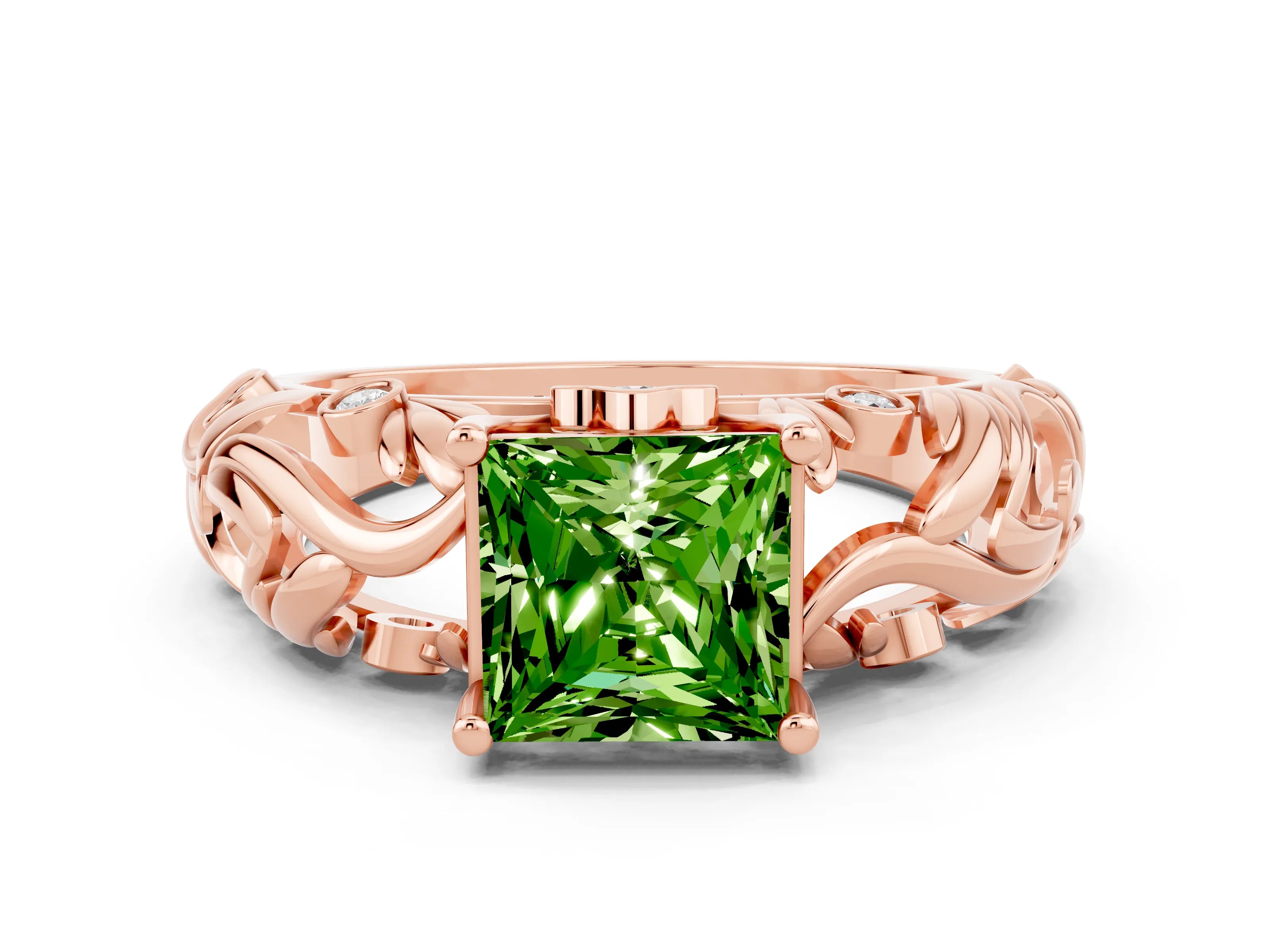 Rose gold Princess Cut Solitaire Peridot Leaf-Inspired Vine Band Ring with Prong Setting