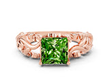 Rose gold Princess Cut Solitaire Peridot Leaf-Inspired Vine Band Ring with Prong Setting