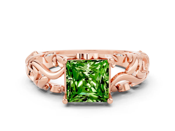 Rose gold Princess Cut Solitaire Peridot Leaf-Inspired Vine Band Ring with Prong Setting