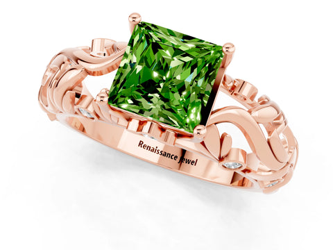 Rose gold Princess Cut Solitaire Peridot Leaf-Inspired Vine Band Ring with Prong Setting_1