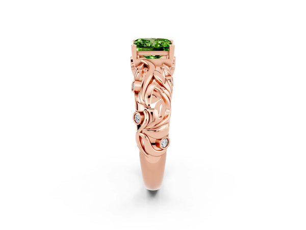 Rose gold Princess Cut Solitaire Peridot Leaf-Inspired Vine Band Ring with Prong Setting