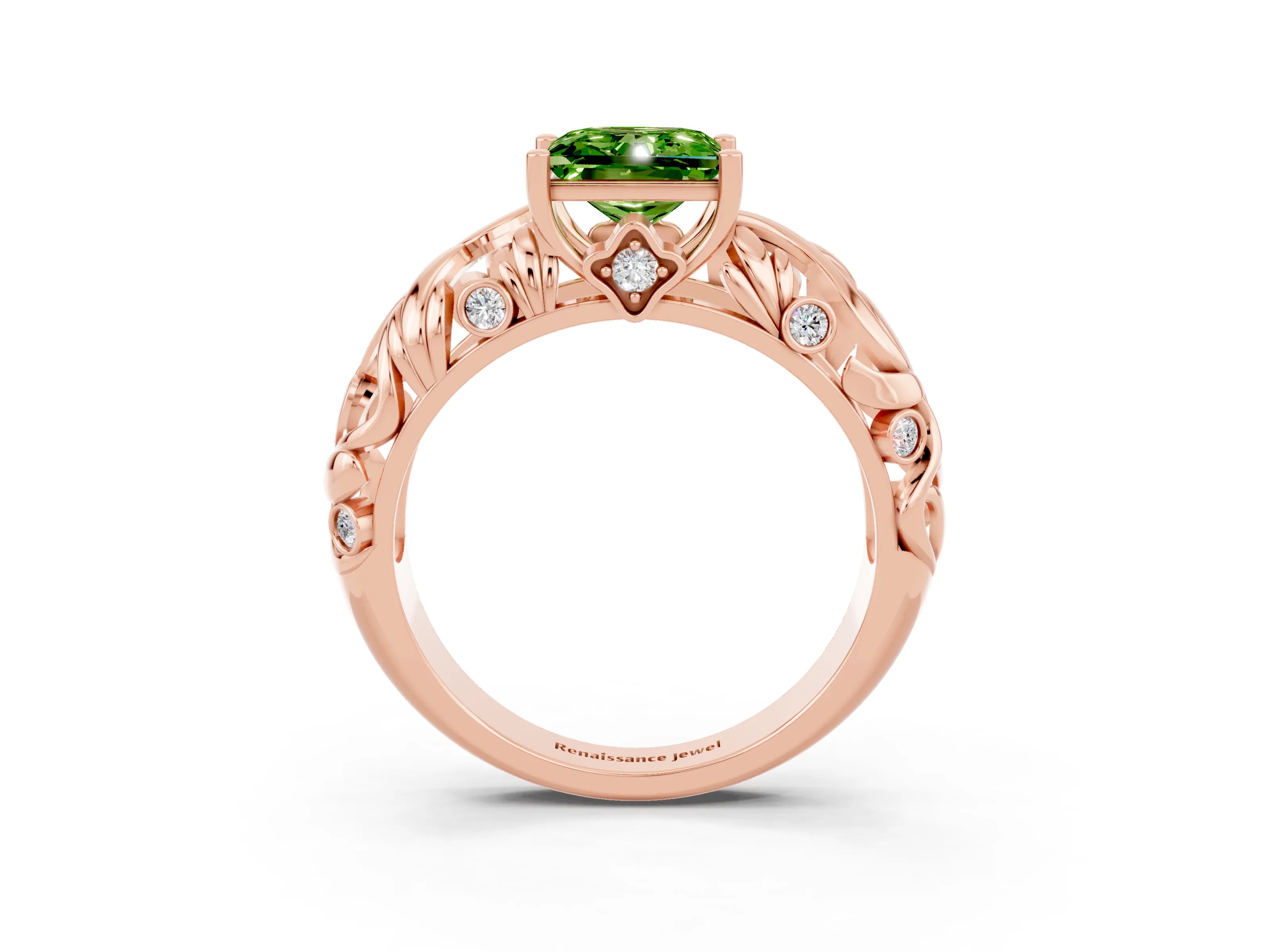 Rose gold Princess Cut Solitaire Peridot Leaf-Inspired Vine Band Ring with Prong Setting_3