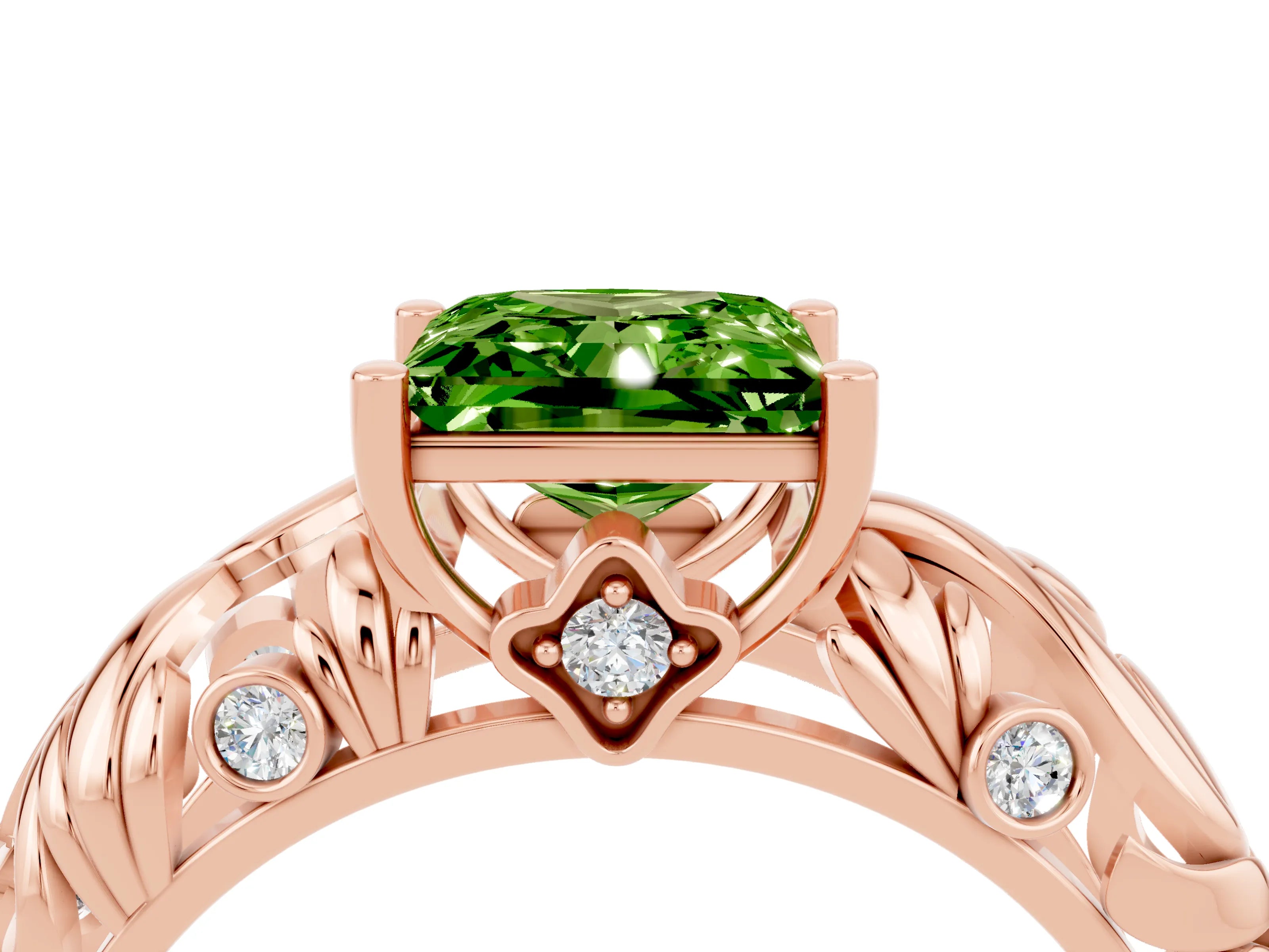 Rose gold Princess Cut Solitaire Peridot Leaf-Inspired Vine Band Ring with Prong Setting_4