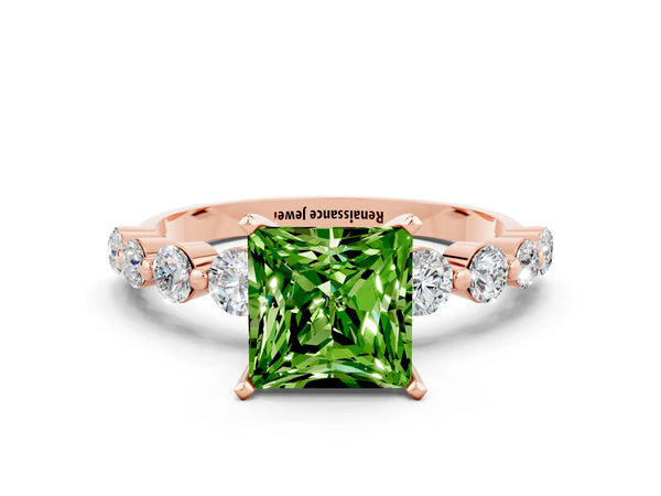 Rose gold Princess Cut Solitaire Peridot Ring with Pave Band and Four-Prong Setting