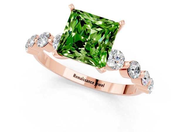 Rose gold Princess Cut Solitaire Peridot Ring with Pave Band and Four-Prong Setting