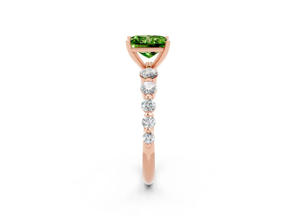Rose gold Princess Cut Solitaire Peridot Ring with Pave Band and Four-Prong Setting