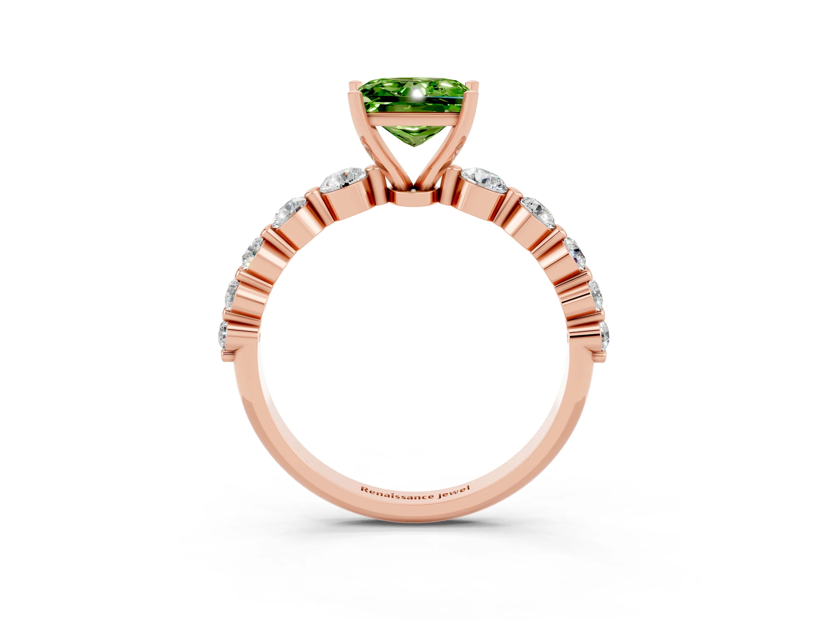 Rose gold Princess Cut Solitaire Peridot Ring with Pave Band and Four-Prong Setting_3