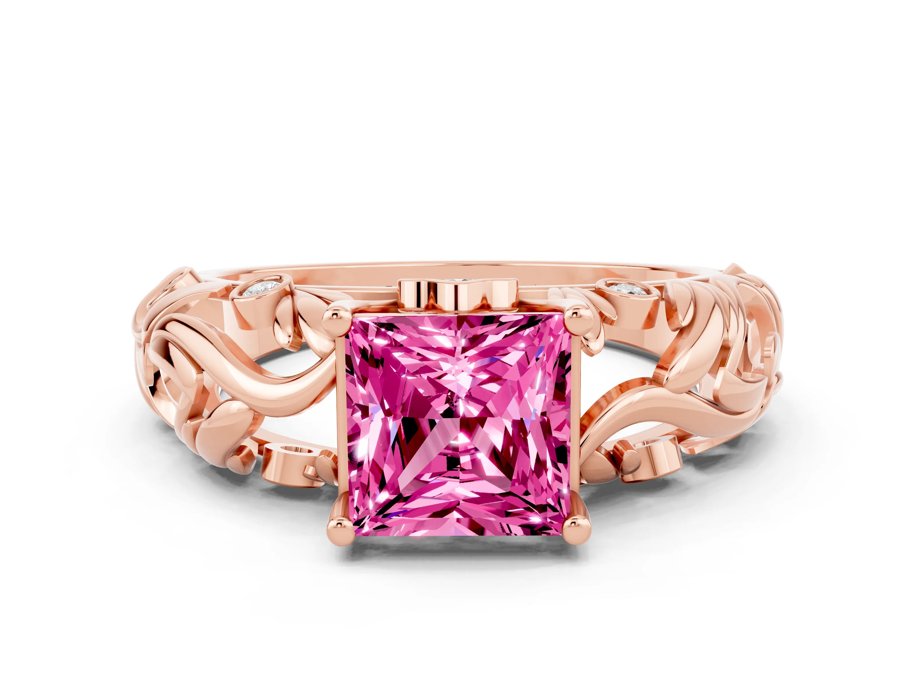 Rose gold Princess Cut Solitaire Pink Sapphire Leaf-Inspired Vine Band Ring with Prong Setting_24