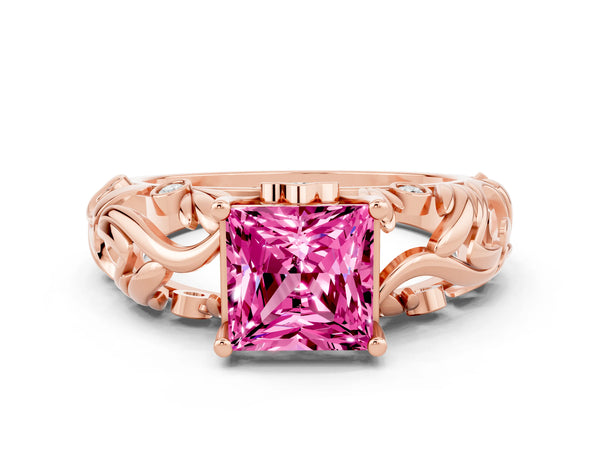 Rose gold Princess Cut Solitaire Pink Sapphire Leaf-Inspired Vine Band Ring with Prong Setting