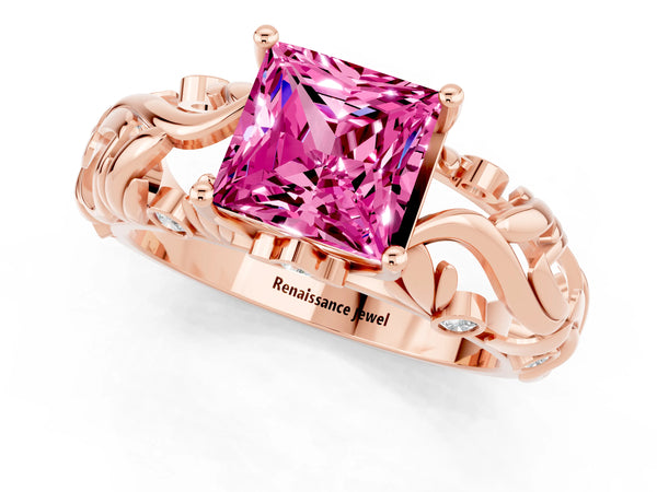 Rose gold Princess Cut Solitaire Pink Sapphire Leaf-Inspired Vine Band Ring with Prong Setting
