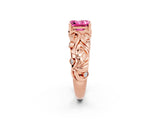 Rose gold Princess Cut Solitaire Pink Sapphire Leaf-Inspired Vine Band Ring with Prong Setting_26