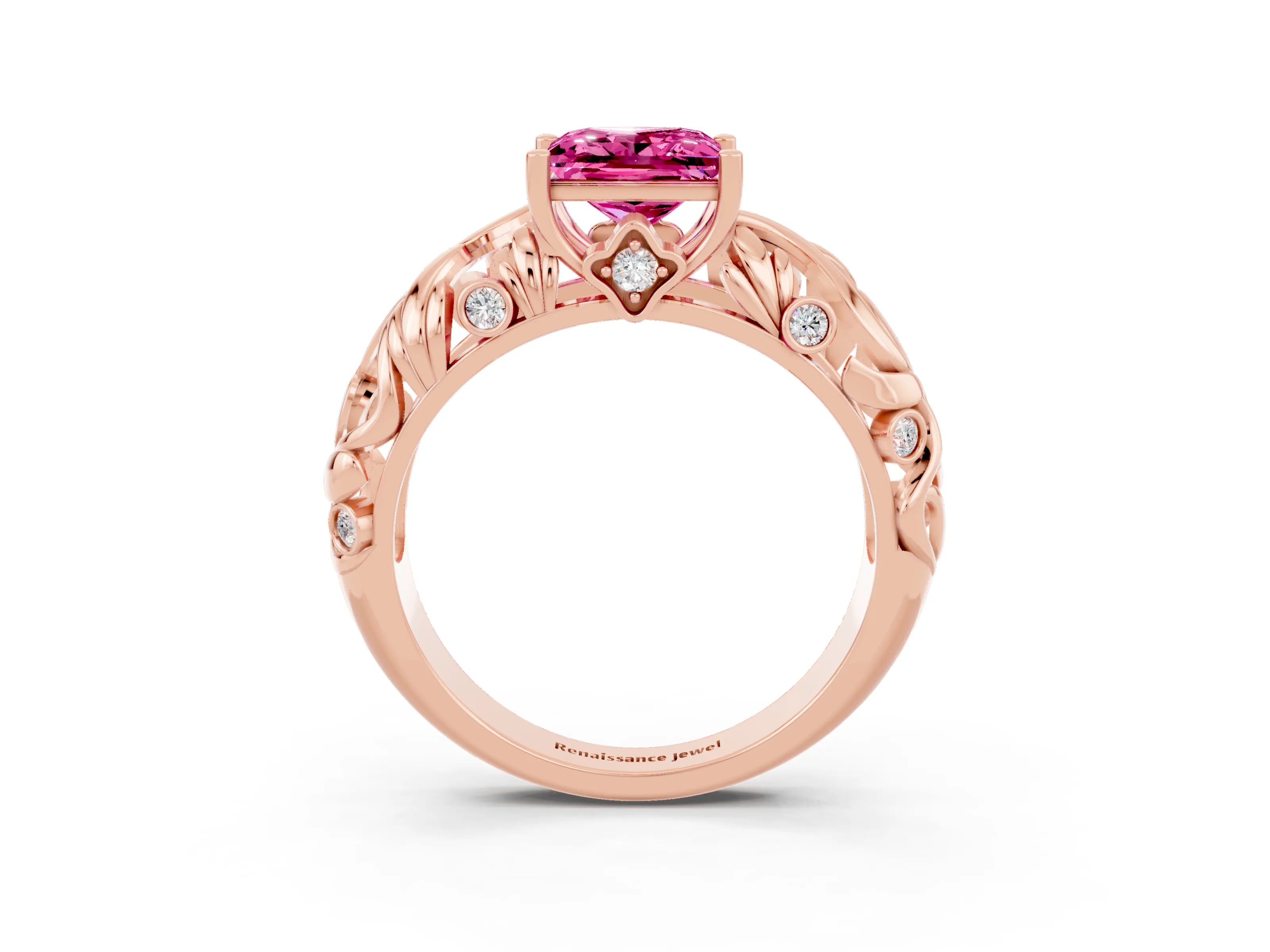 Rose gold Princess Cut Solitaire Pink Sapphire Leaf-Inspired Vine Band Ring with Prong Setting_27
