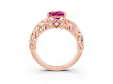 Rose gold Princess Cut Solitaire Pink Sapphire Leaf-Inspired Vine Band Ring with Prong Setting_27