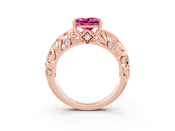 Rose gold Princess Cut Solitaire Pink Sapphire Leaf-Inspired Vine Band Ring with Prong Setting