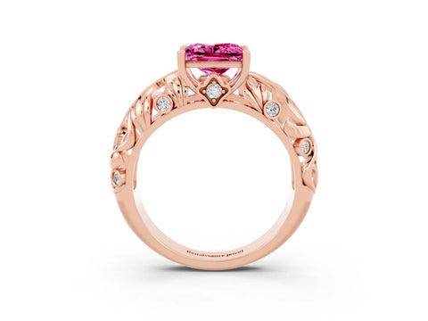 Rose gold Princess Cut Solitaire Pink Sapphire Leaf-Inspired Vine Band Ring with Prong Setting_27
