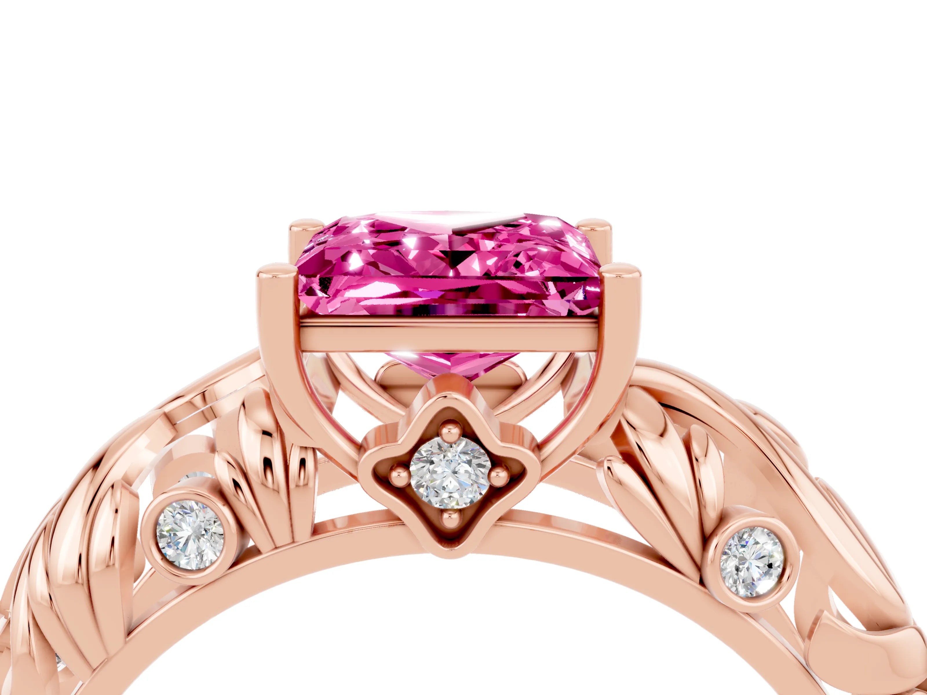 Rose gold Princess Cut Solitaire Pink Sapphire Leaf-Inspired Vine Band Ring with Prong Setting_28