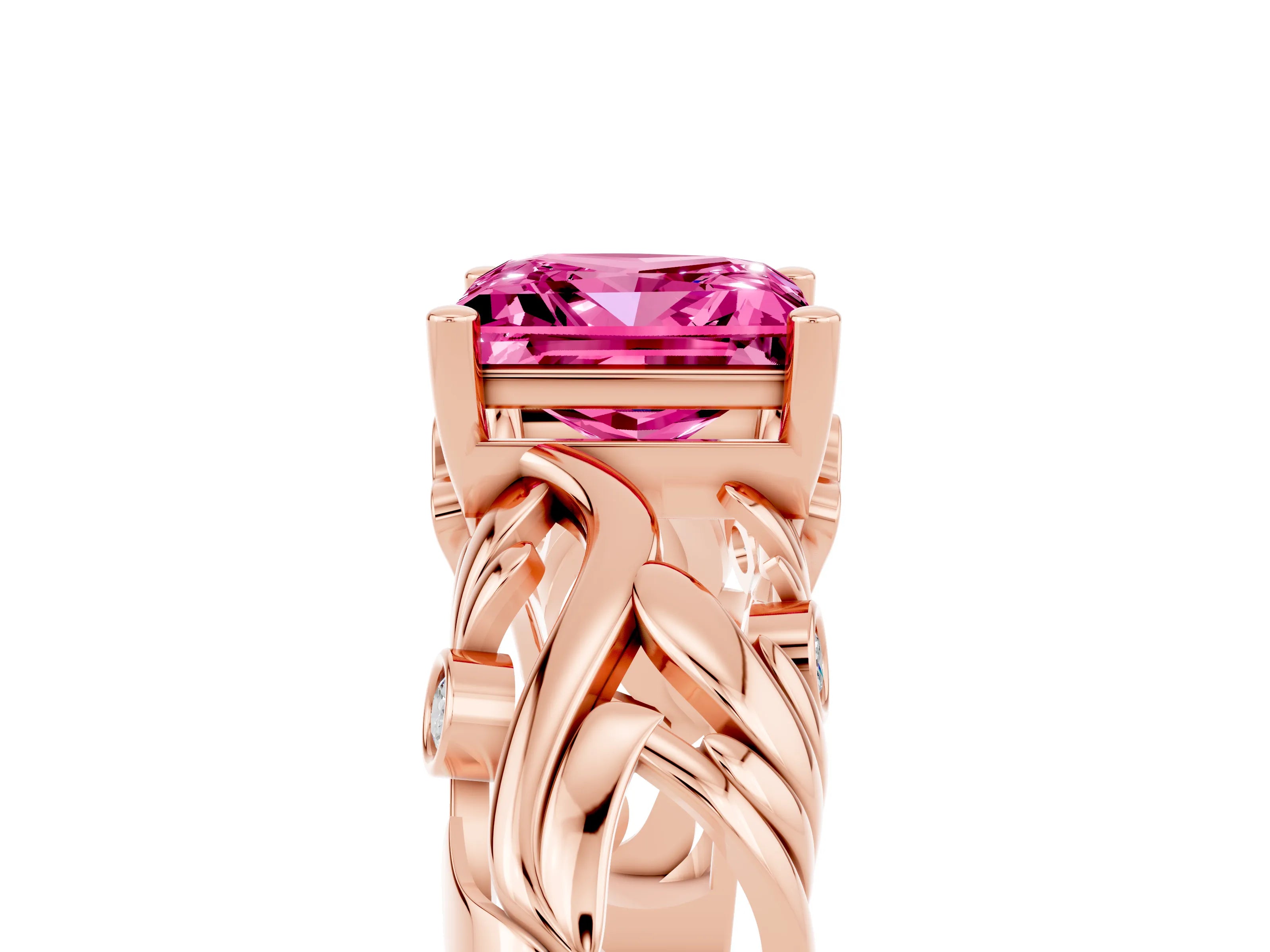 Rose gold Princess Cut Solitaire Pink Sapphire Leaf-Inspired Vine Band Ring with Prong Setting_29